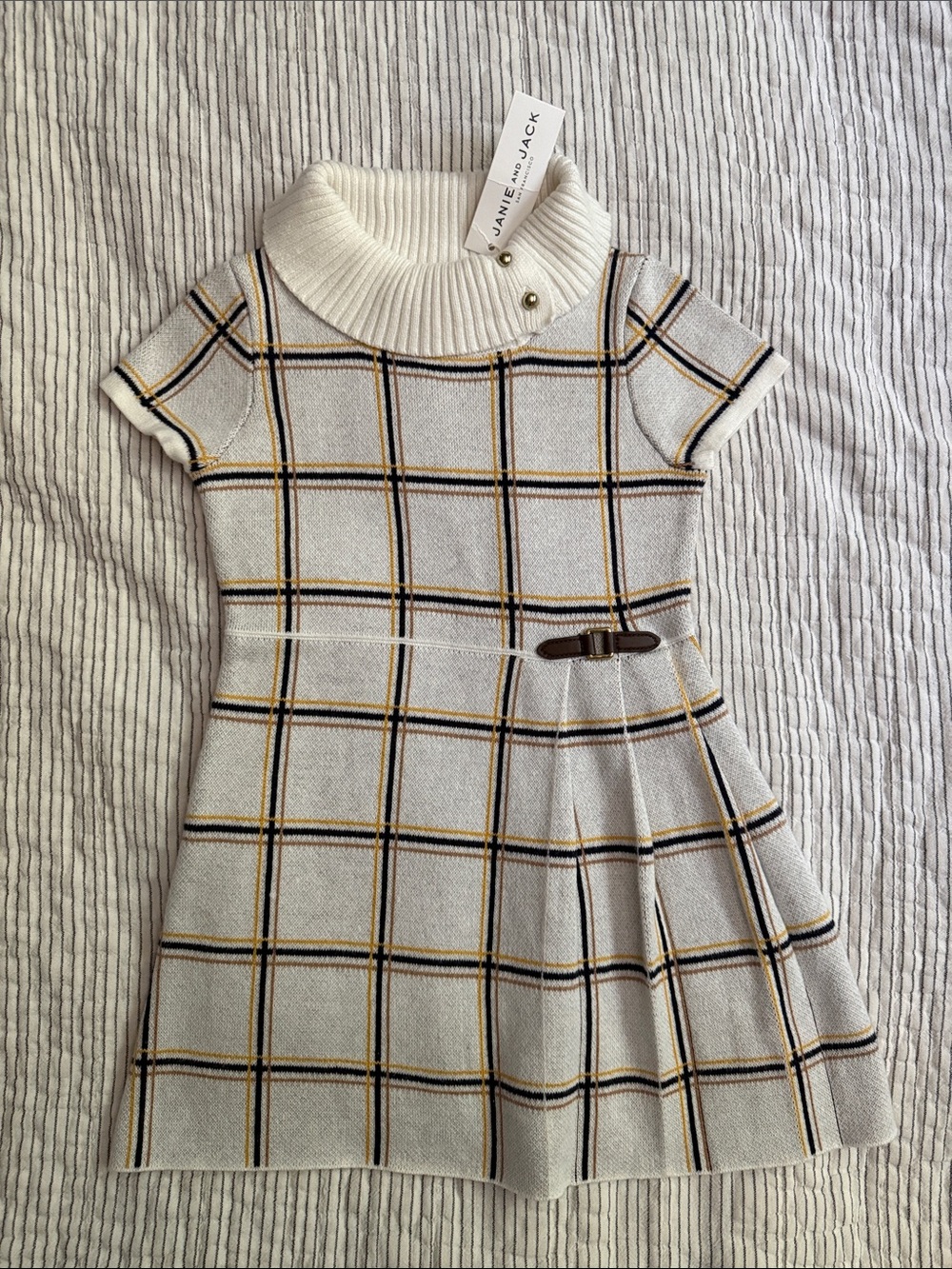 Janie and Jack Cream Knit Plaid Dress with Navy and Mustard Checks